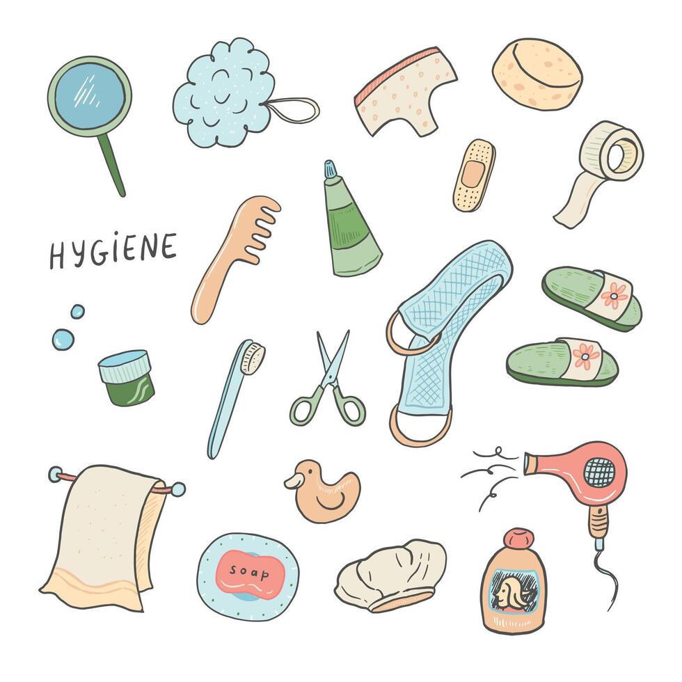 Hygiene icons set. Hand drawn hygiene elements. vector