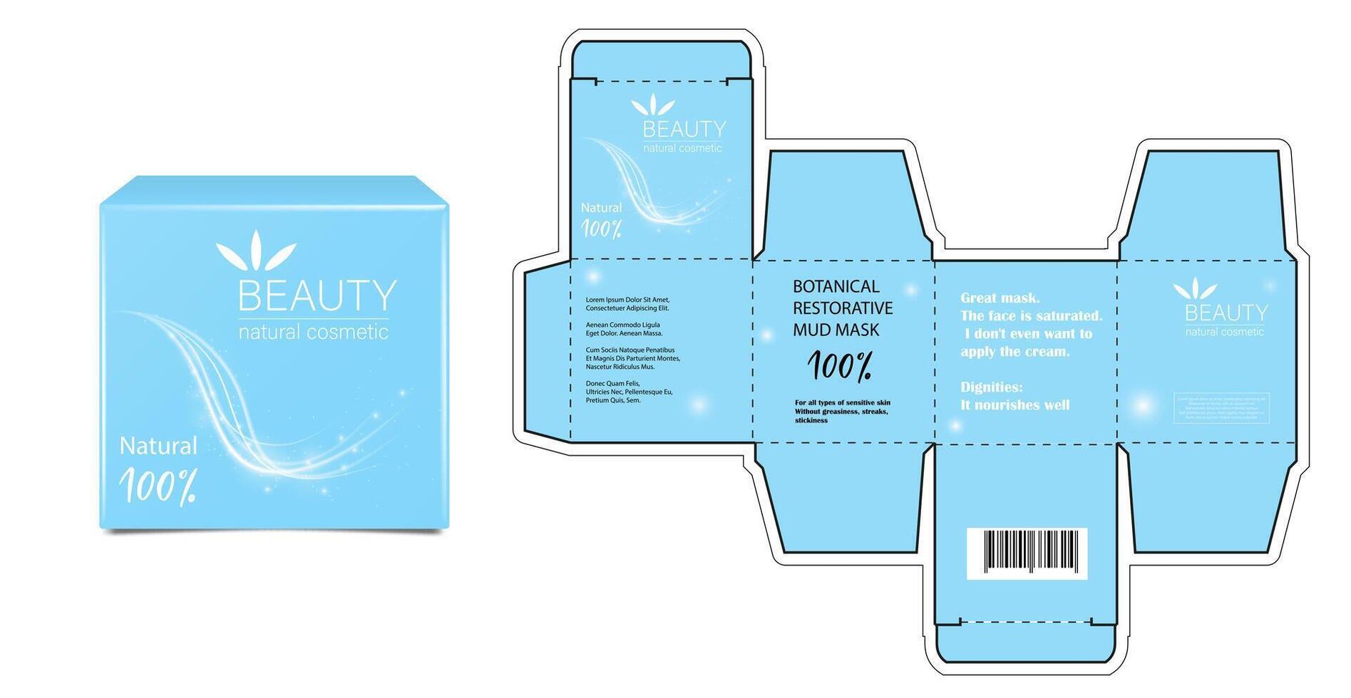 Design of the cosmetic packaging template. Cut. Cosmetic cream mask in a closed box. Realistic 3D model vector