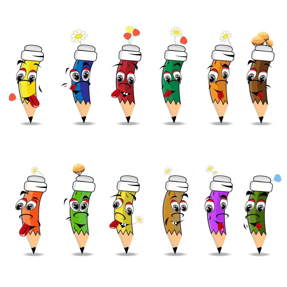 A Cute Humanized Pencil Character with a Set of Emoji Illustrations vector