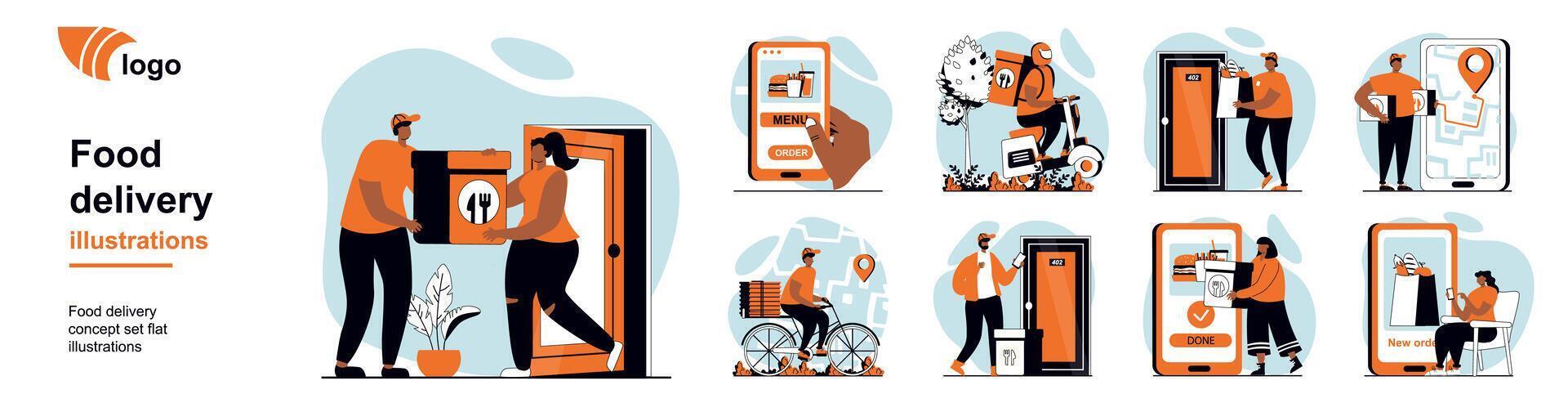 Food delivery concept with people scenes mega set in flat web design. Bundle of character situation with couriers shipping box order, express shipment with tracking map at app. illustrations. vector