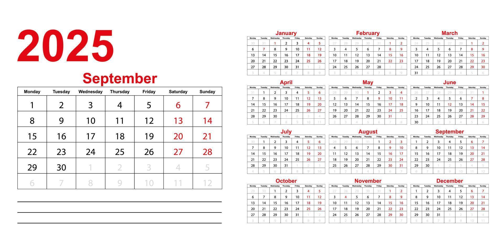 Classic monthly calendar for 2025. Calendar in the style of minimalist square shape vector
