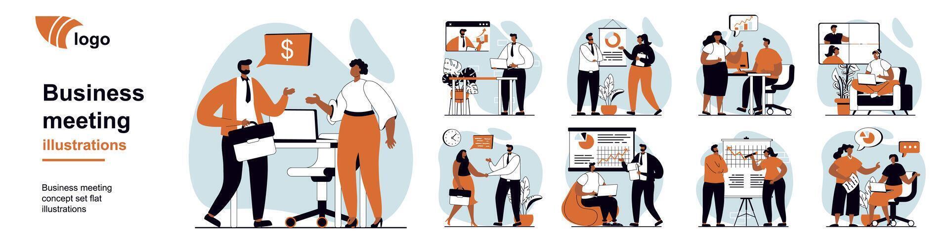 Business meeting concept with people scenes mega set in flat web design. Bundle of character situation with interview and negotiation, brainstorming, conference presentation. illustrations. vector