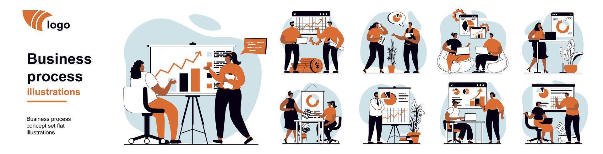 Business process concept with people scenes mega set in flat web design. Bundle of character situation with teamwork, data analysis, financial planning, project cooperation. illustrations. vector