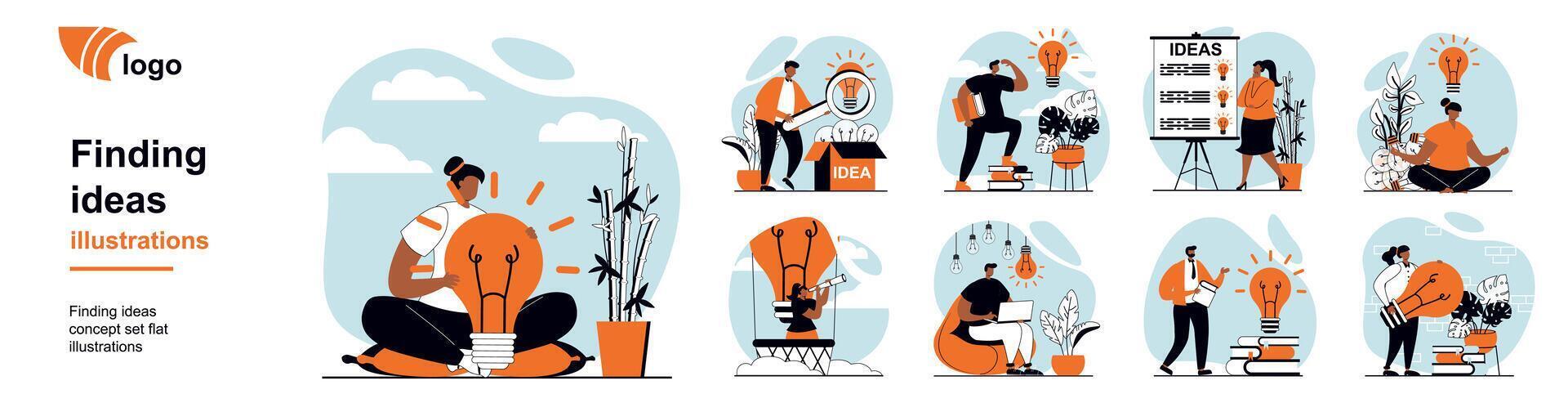Finding ideas concept with people scenes mega set in flat web design. Bundle of character situation with brainstorm, develop project plan, create strategy, thinking and solving. illustrations. vector