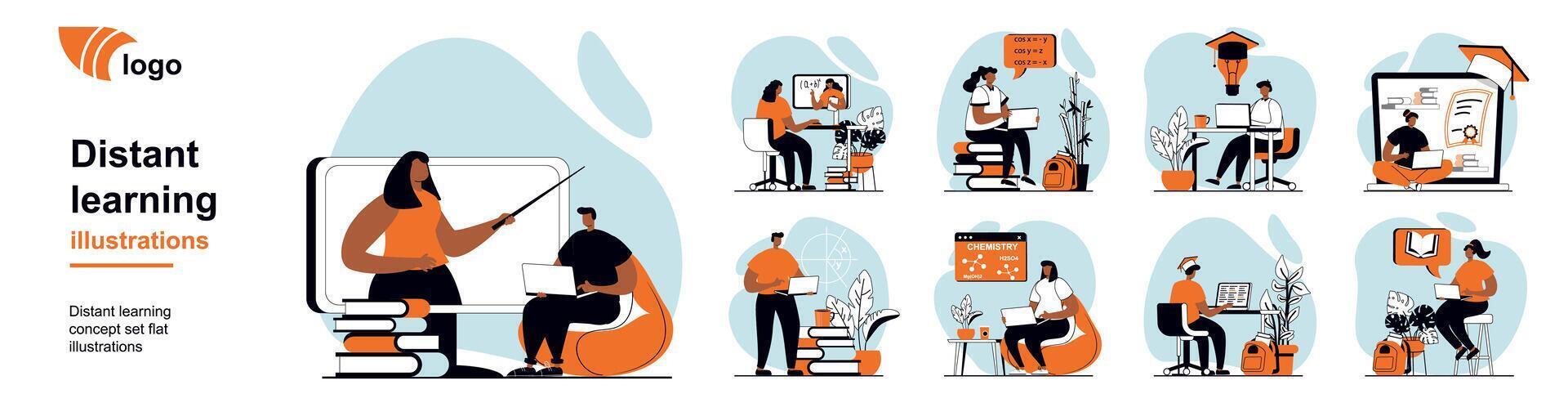 Distant learning concept with people scenes mega set in flat web design. Bundle of character situation with online study, watching webinars, take lessons and courses. illustrations. vector