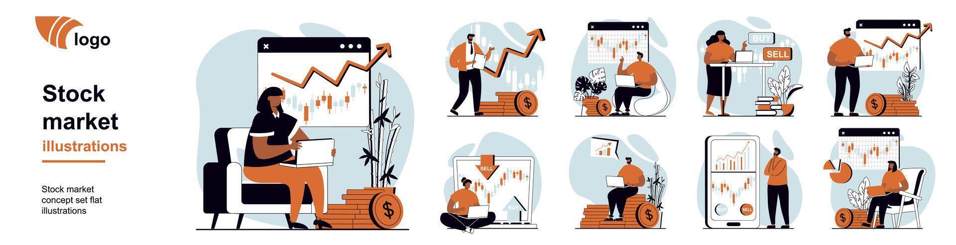 Stock market concept with people scenes mega set in flat web design. Bundle of character situation with monitoring financial data, buy or sell with success investment strategy. illustrations. vector