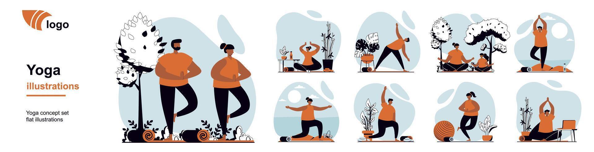 Yoga training concept with people scenes mega set in flat web design. Bundle of character situation with meditation, practice asanas, breathing, bodycare and healthy lifestyle. illustrations. vector