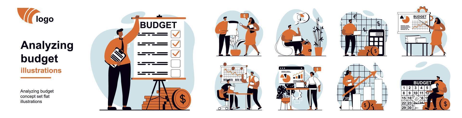 Analyzing budget concept with people scenes mega set in flat web design. Bundle of character situation with bookkeeping doing accounting, calculate financial statistics in report. illustrations vector