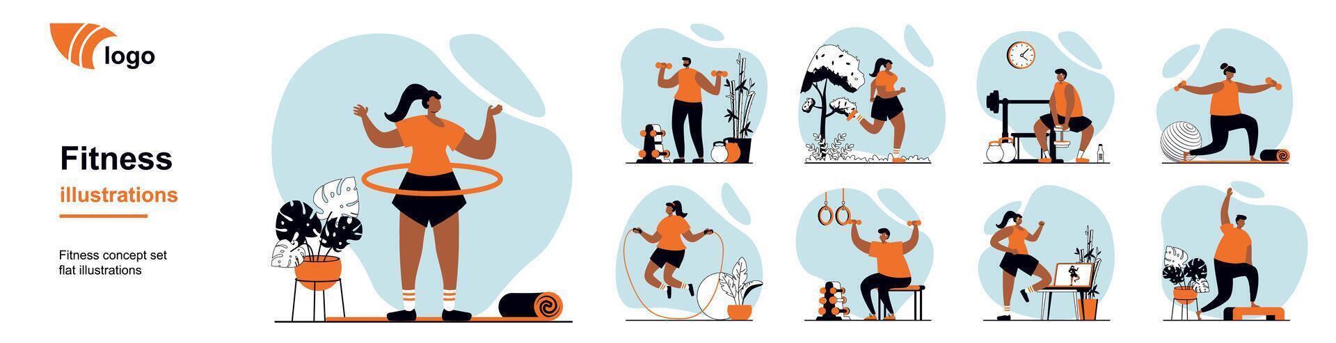 Fitness at gym concept with people scenes mega set in flat web design. Bundle of character situation with home workouts, dumbbell training, running, jumping activity rope. illustrations. vector