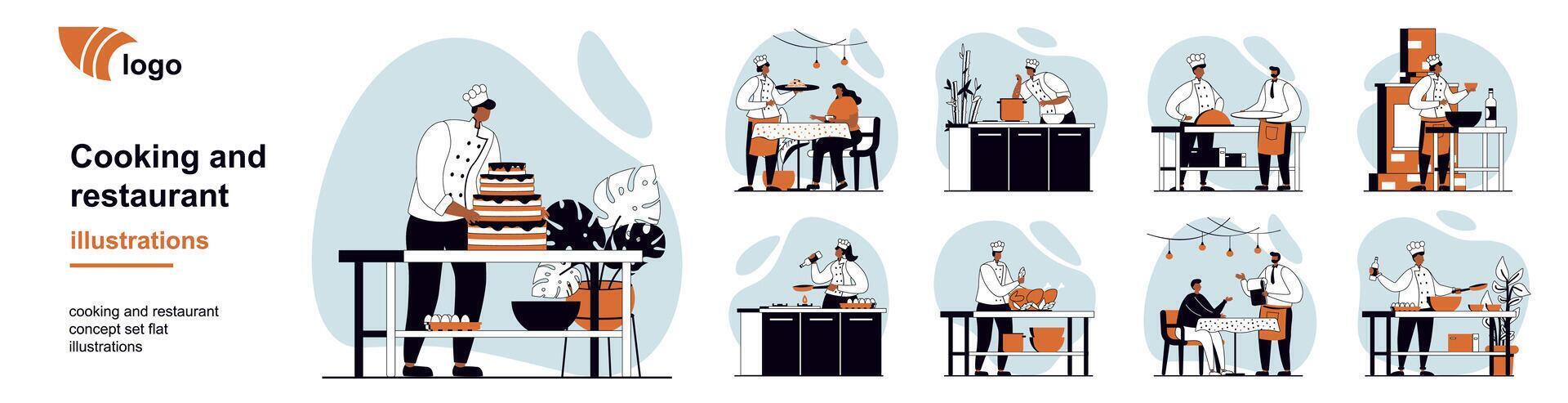 Cooking and restaurant concept with people scenes mega set in flat web design. Bundle of character situation with chef make cake, kitchen staff working, waiters serving food. illustrations. vector
