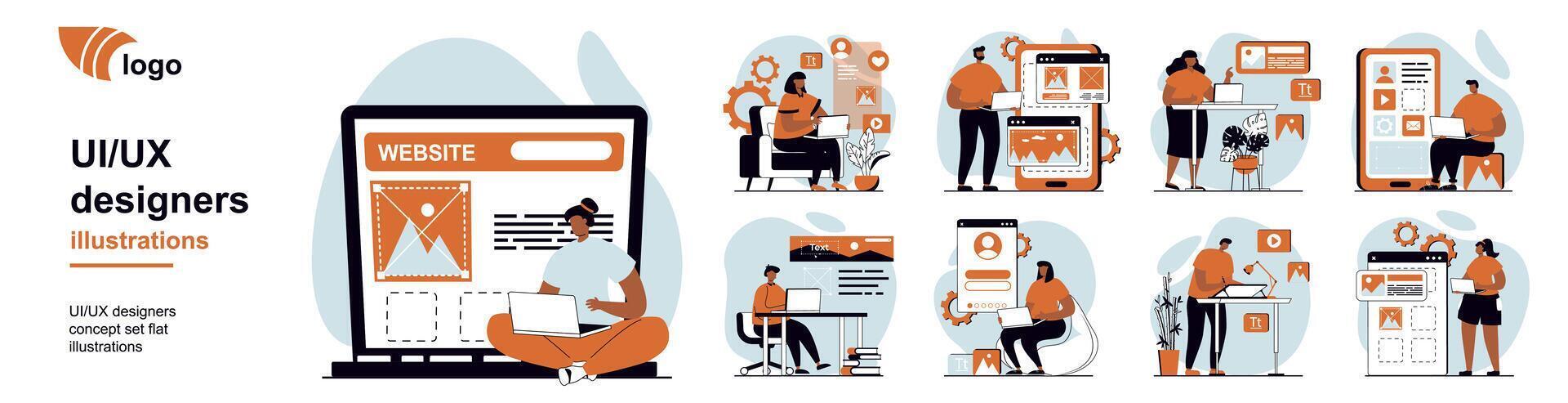 UI and UX designers concept with people scenes mega set in flat web design. Bundle of character situation with creating and coding wireframe layouts interfaces for mobile apps. illustrations. vector