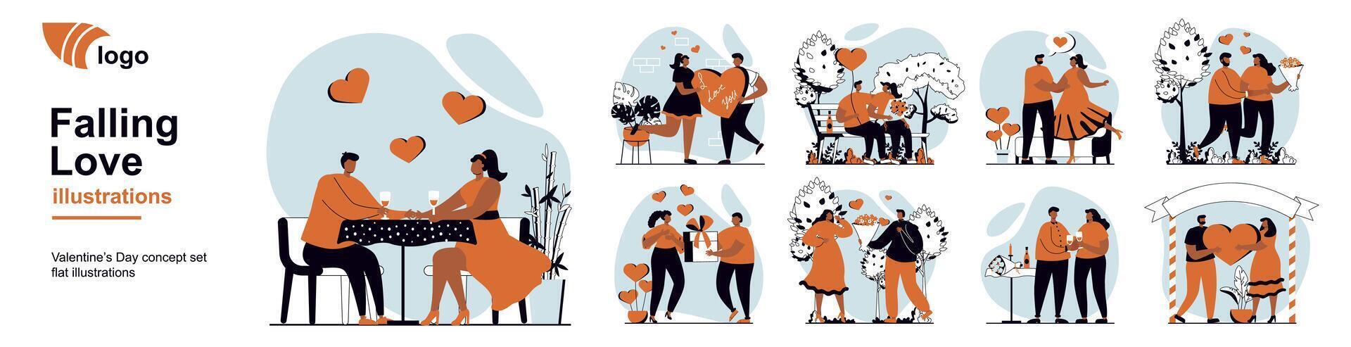 Falling love concept with people scenes mega set in flat web design. Bundle of character situation with dating at restaurant or park, gifting bouquet and heart, couple match. illustrations. vector