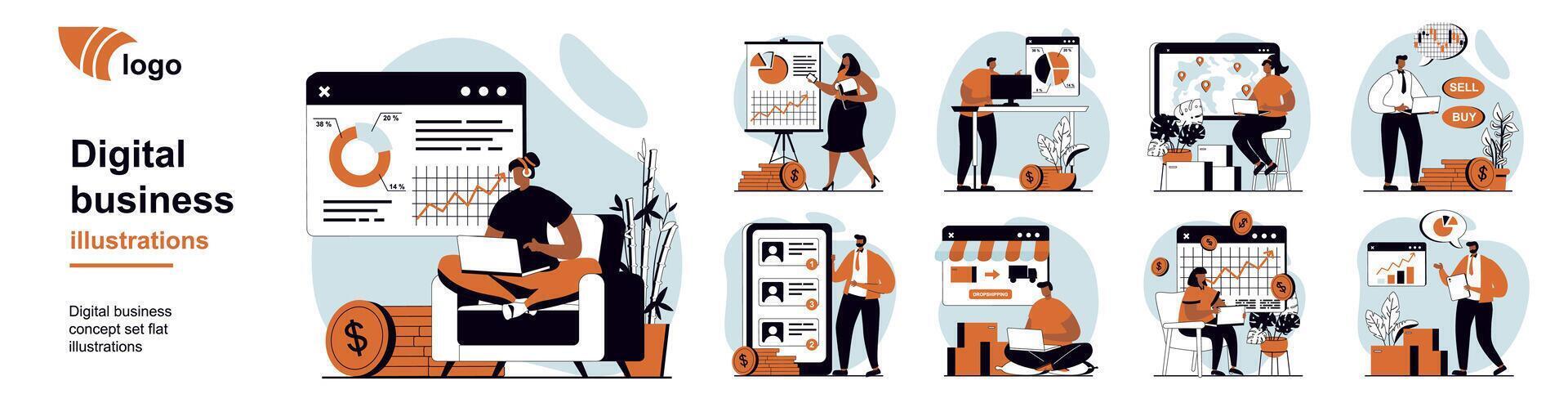 Digital business concept with people scenes mega set in flat web design. Bundle of character situation with analyzing financial data, create strategy, developing online company. illustrations. vector