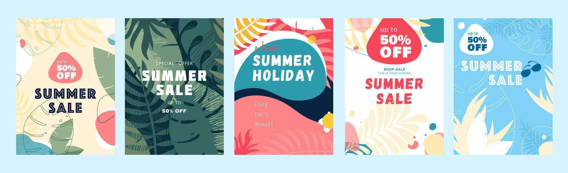 Summer sale cover brochure set in trendy flat design. Summertime banner templates with decorative jungle foliage, abstract palm tree leaves and simple plants with shopping promo. illustration. vector