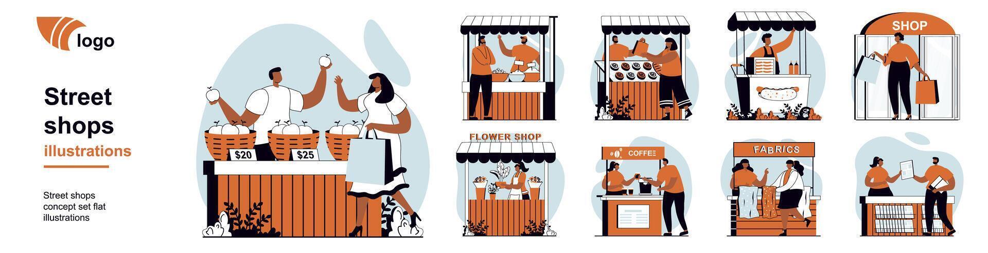 Street shops concept with people scenes mega set in flat web design. Bundle of character situation with small selling businesses of flowers, vegetables, fast food or coffee. illustrations. vector