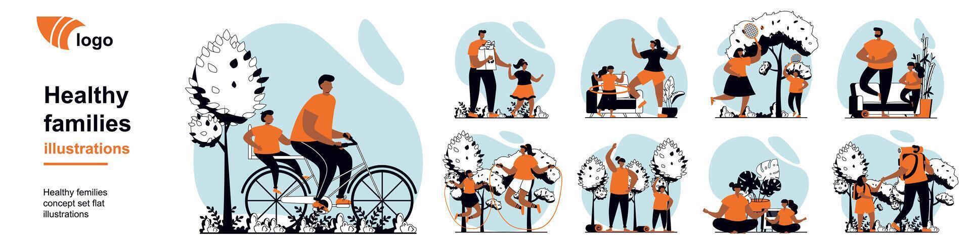 Healthy families concept with people scenes mega set in flat web design. Bundle of character situation with parents with kids shopping, training, playing, hiking, cycling. illustrations. vector