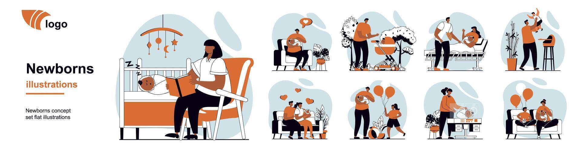 Family with newborn baby concept with people scenes mega set in flat web design. Bundle of character situation with mothers and fathers take care kid, walking, feeding, bathing. illustrations. vector
