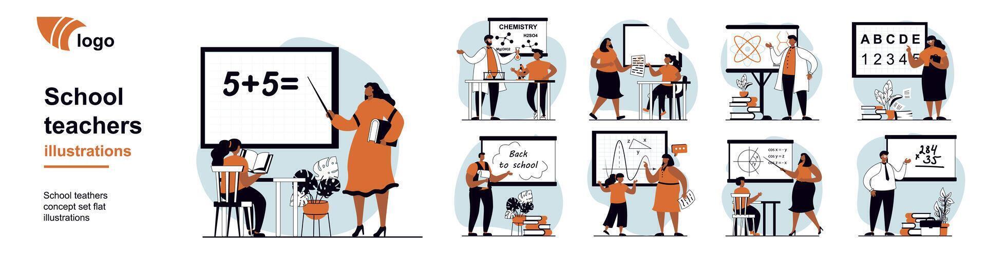 School teachers concept with people scenes mega set in flat web design. Bundle of character situation with tutors teach lessons, explain math or chemistry to pupils in class. illustrations. vector