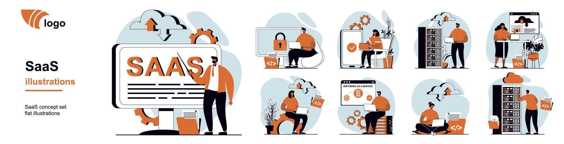 saas concepto con personas escenas mega conjunto en plano web diseño. haz de personaje situación con los usuarios utilizar software como un servicio, suscripción a programas con nube almacenamiento. ilustraciones. vector