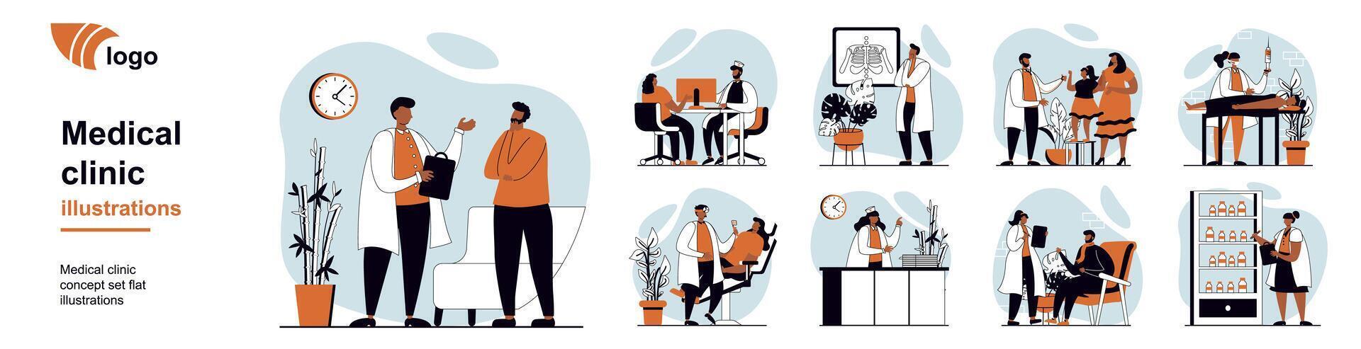 Medical clinic concept with people scenes mega set in flat web design. Bundle of character situation with patients visit doctors for consultations, diagnostics and treatment. illustrations. vector