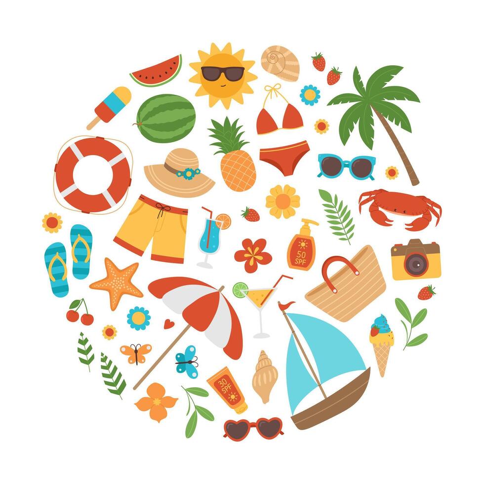 Colorful summer elements in circle shape. Beach collection with swimsuits, hat, sunglasses, palm, cocktails, fruits, ice cream and other stickers. Illustration with round composition vector