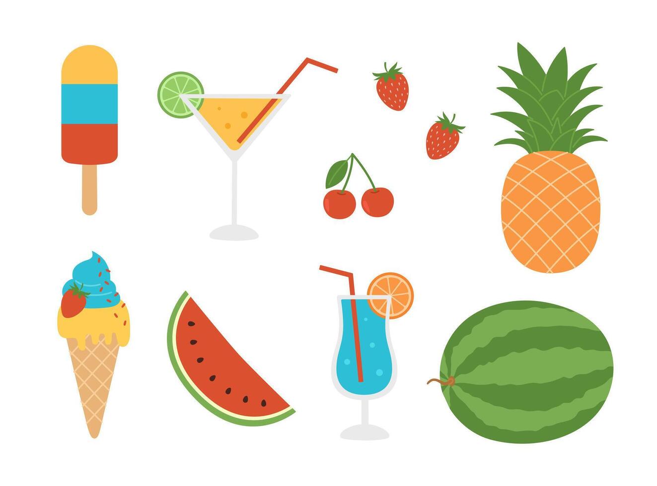 Summer fresh food set. Ice cream, cocktails, watermelon, pineapple, strawberry and cherry. Sweets, drinks and fruits collection. Flat illustration isolated on white background vector