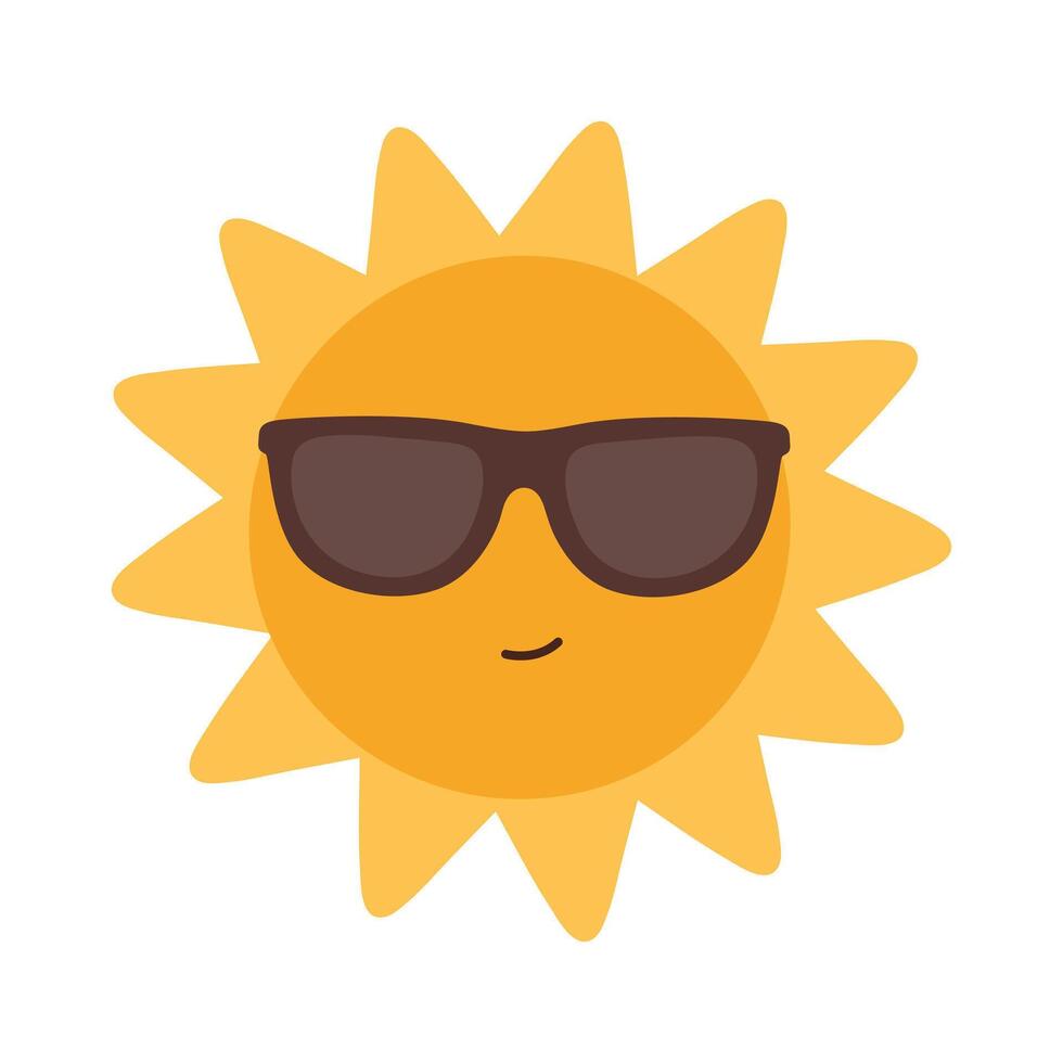 Sun in dark sunglasses with a smirk. Yellow sun with smiling face. Summer season, beach vacation. Flat illustration isolated on white background vector