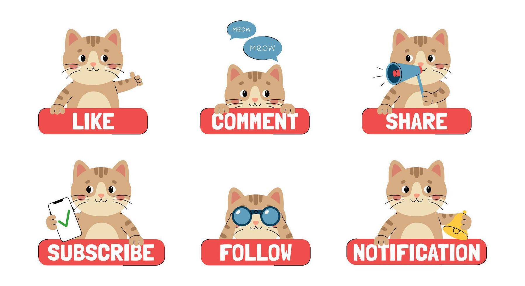 Call to action stickers for social networks with cute cat character. Like, comment, share, subscribe, follow, notification. Red buttons with animal. Illustration isolated on white background vector