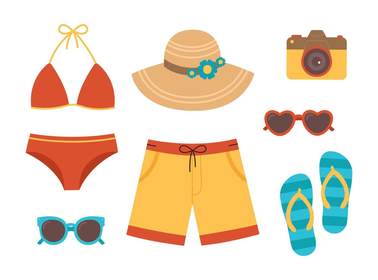 Beachwear and accessories set. Women swimsuit, men shorts, flip-flops, hat, sunglasses and camera. Summer clothing collection for vacation. Flat illustration isolated on white background vector