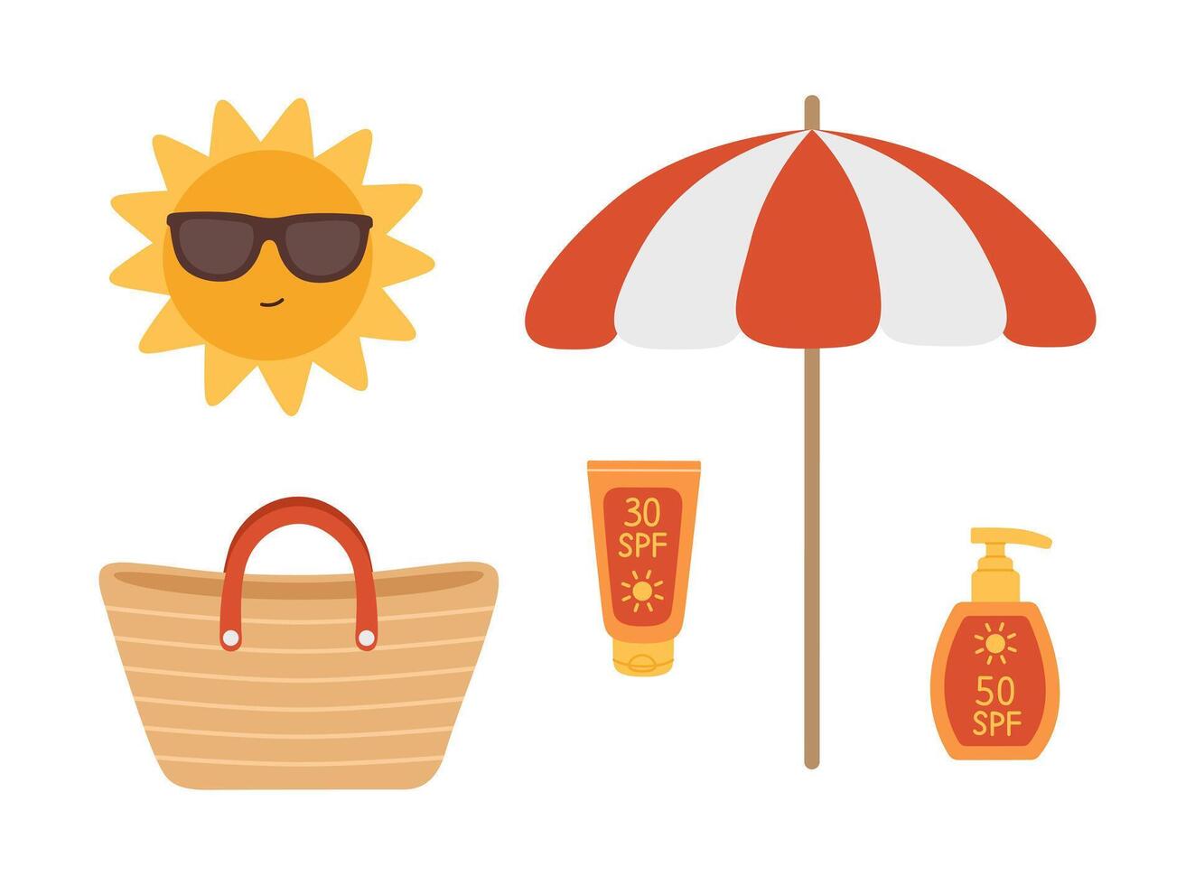 Beach set with sun, umbrella, bag and sunscreen. Summer tan collection. Flat illustration isolated on white background vector