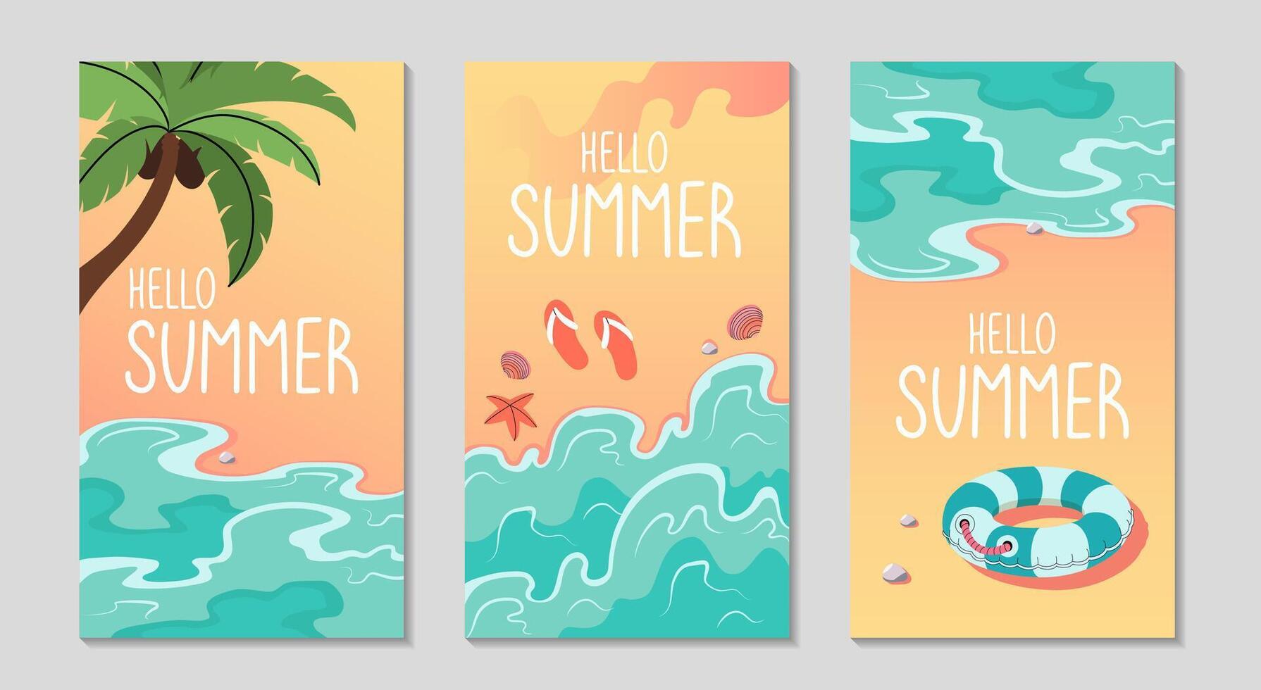 Summer long background set. Ocean waves and palm trees. Tropical vacation. Hello summer lettering. Beach holiday elements and activities. For Social media long post. flat illustration. vector