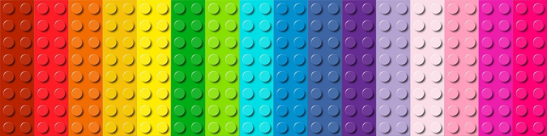 Many plastic building toy blocks banner. Background of bricks in different colors. Close-up of a colorful bricks viewed from above. Abstract background illustration vector