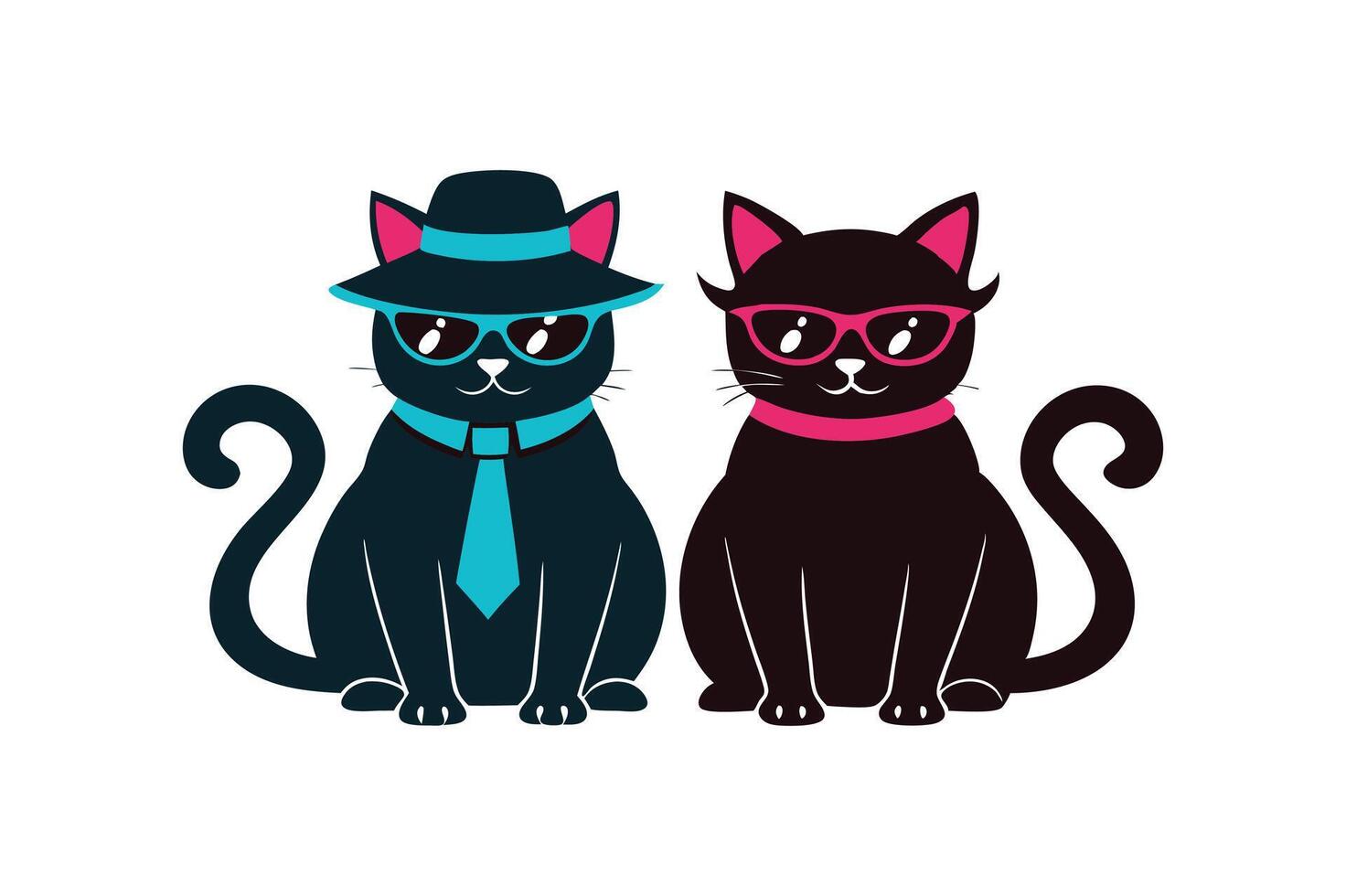 Two cats sitting in sunglasses and wearing hats silhouette style illustration vector