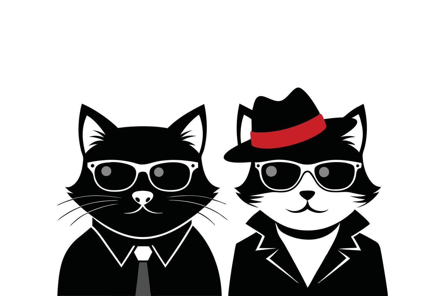 Two cats sitting in sunglasses and wearing hats silhouette style illustration. vector