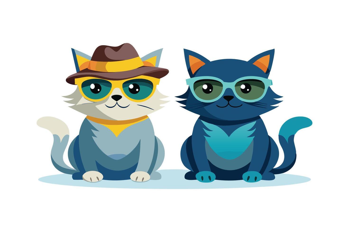 Two cats sitting in sunglasses and wearing hats silhouette style illustration vector