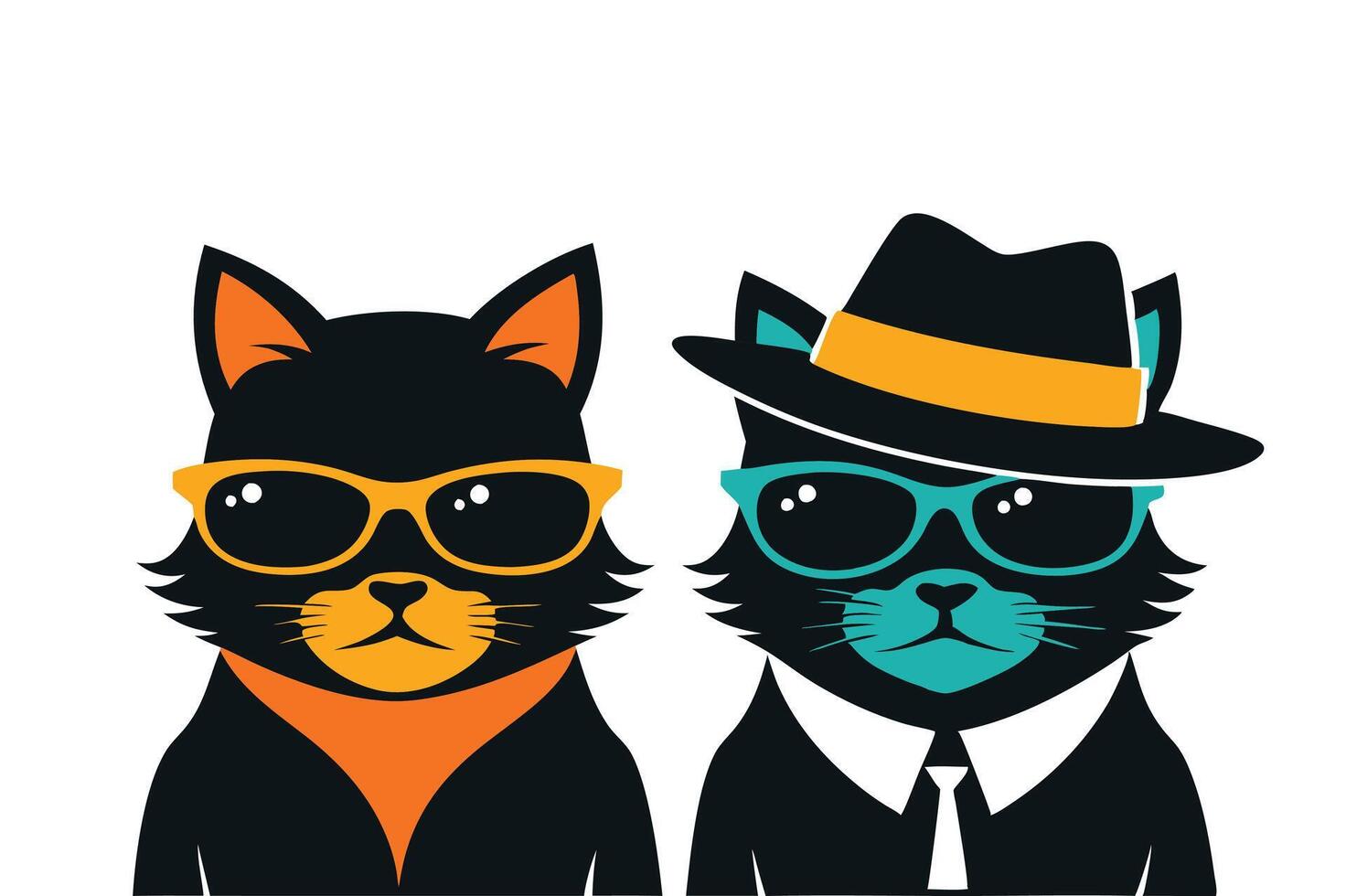Two cats sitting in sunglasses and wearing hats silhouette style illustration vector