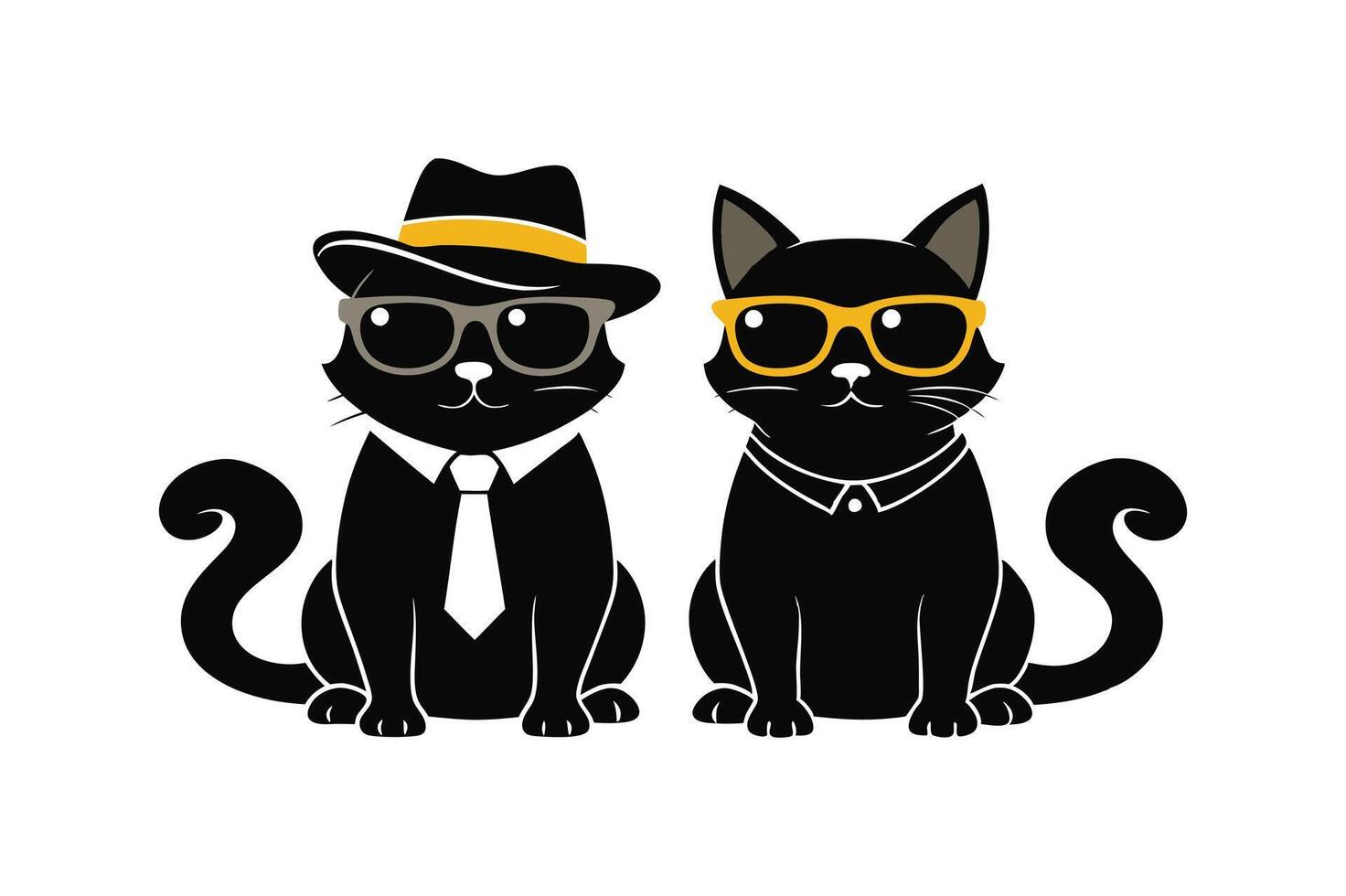 Two cats sitting in sunglasses and wearing hats silhouette style illustration vector