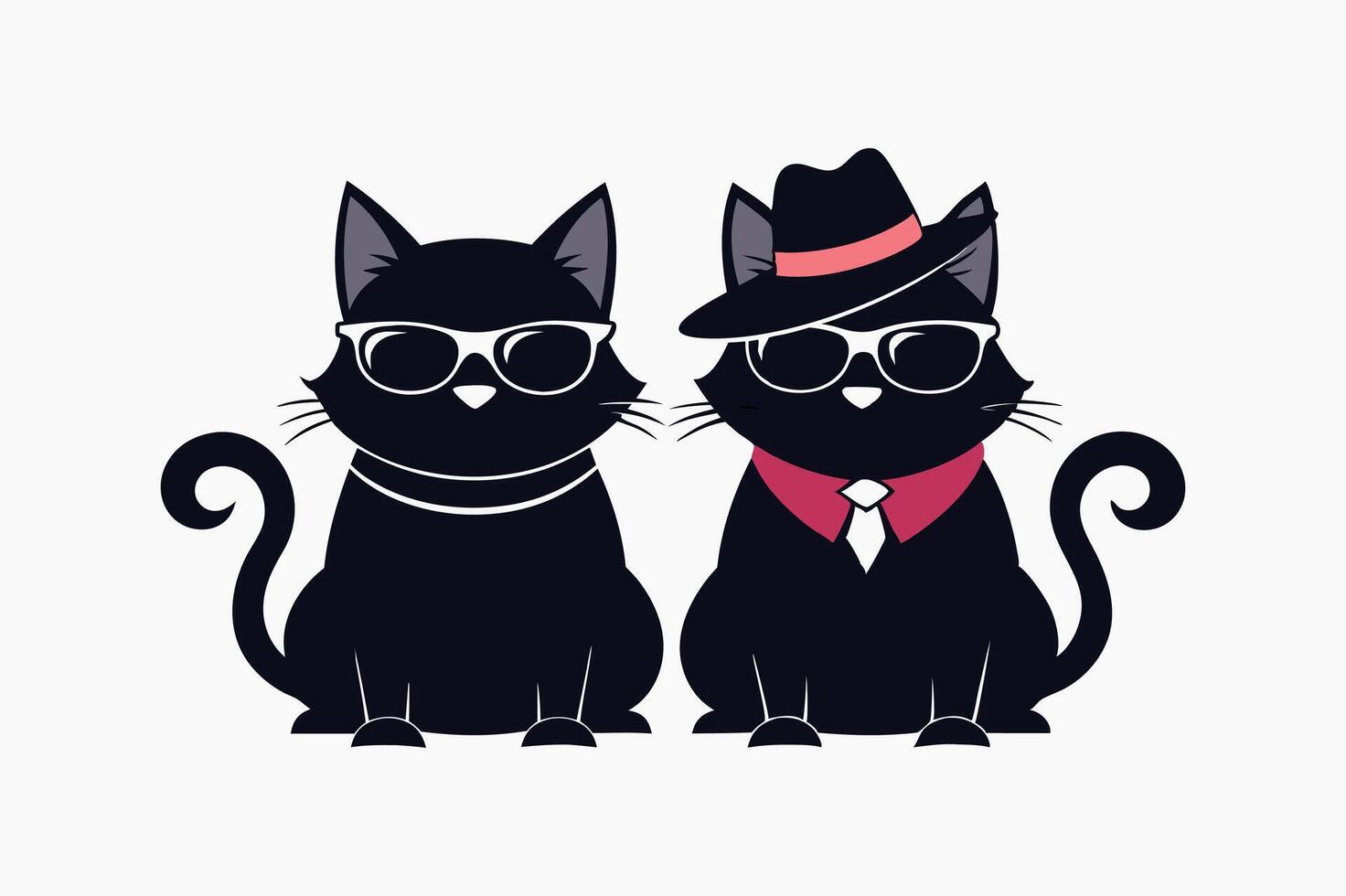 Two cats sitting in sunglasses and wearing hats silhouette style illustration vector