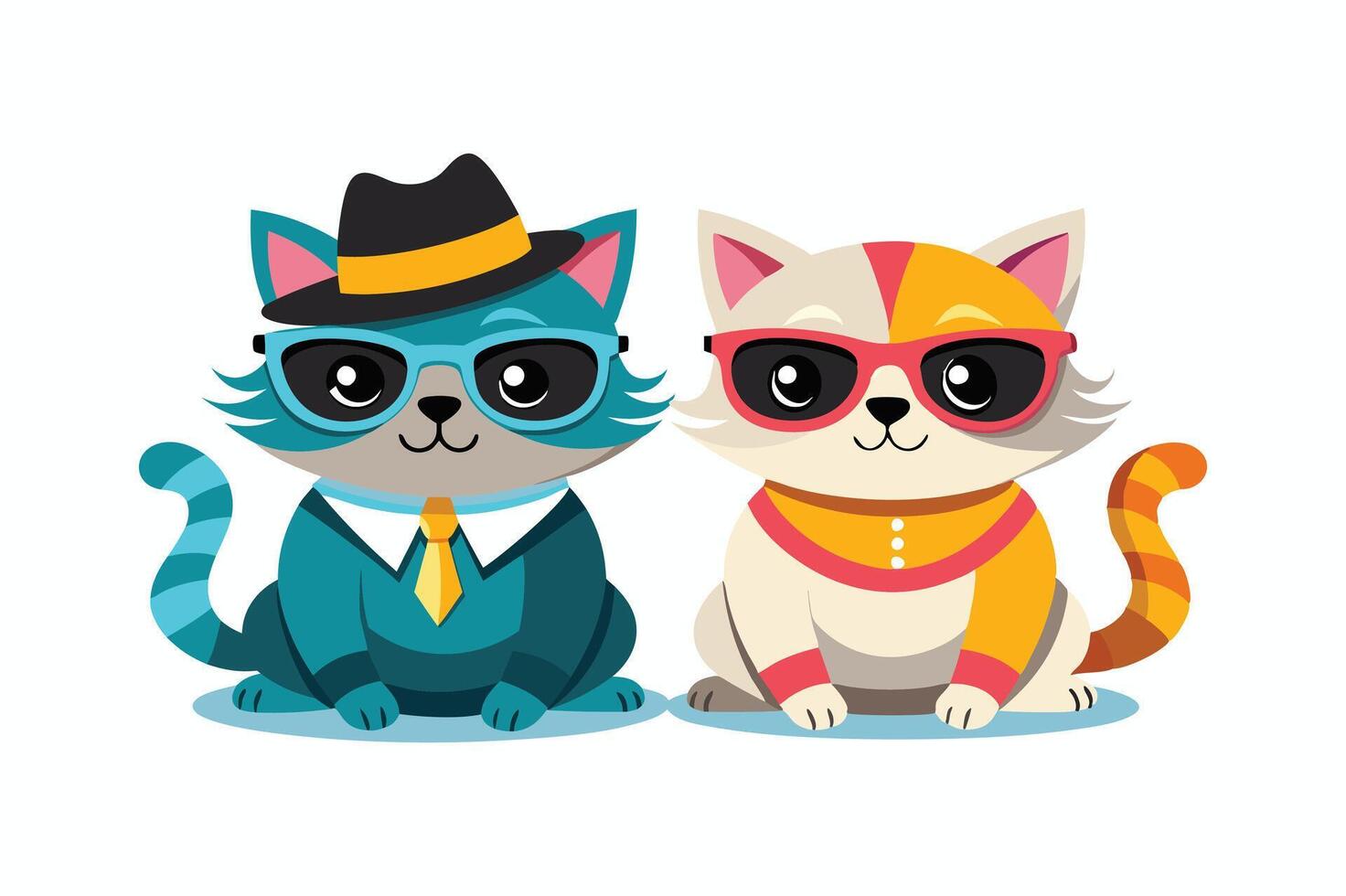 Two cats sitting in sunglasses and wearing hats silhouette style illustration vector