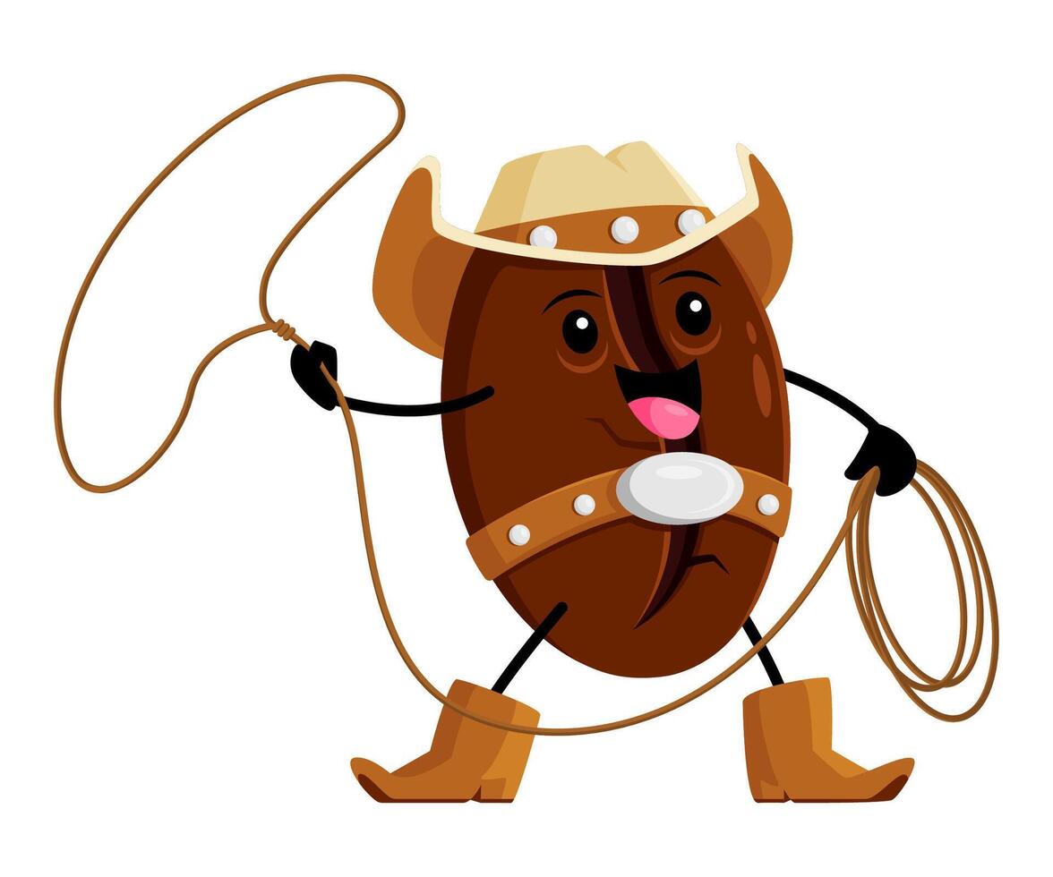 Cartoon coffee bean cowboy character with lasso vector