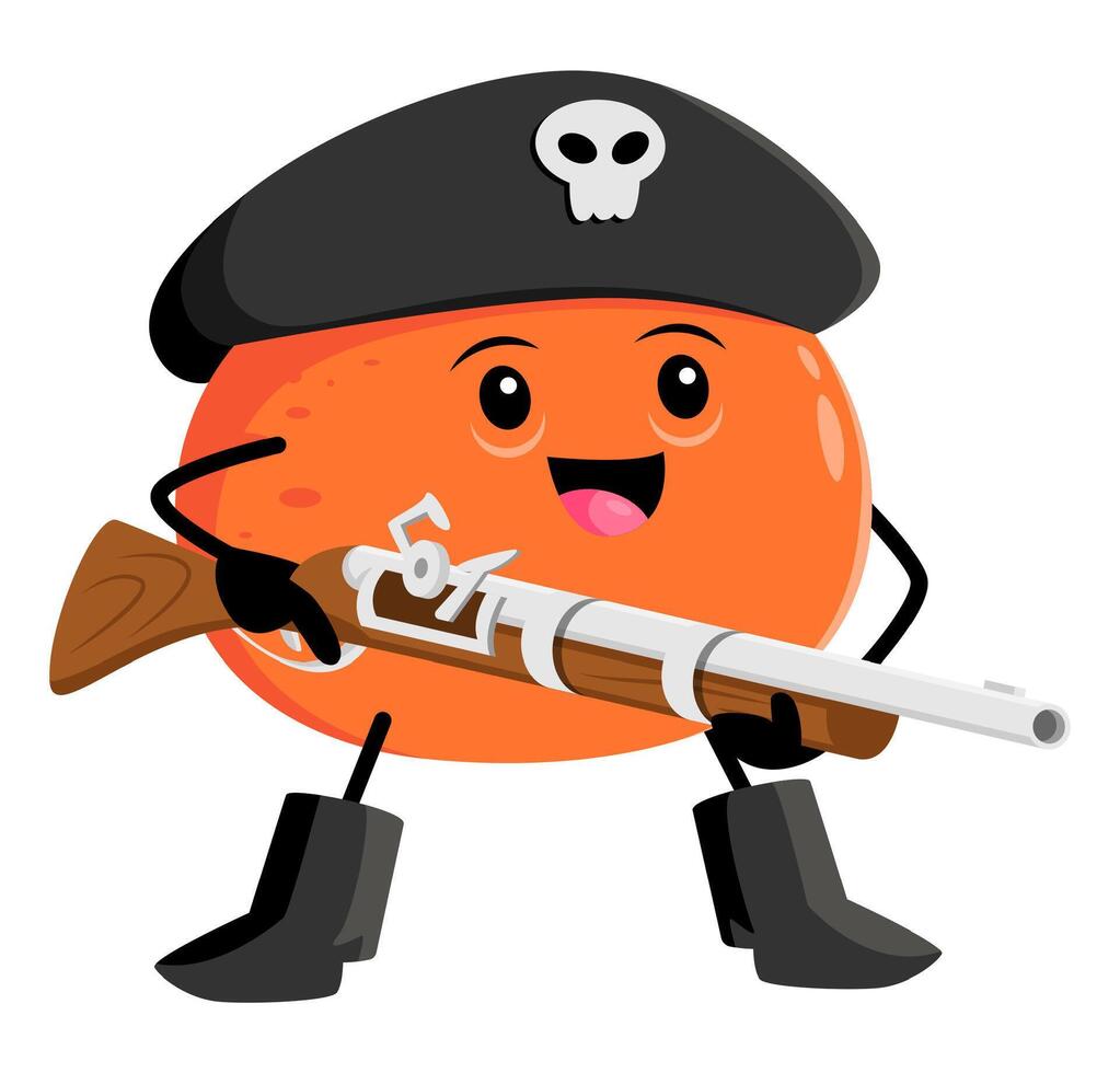Cartoon orange fruit pirate character with musket vector