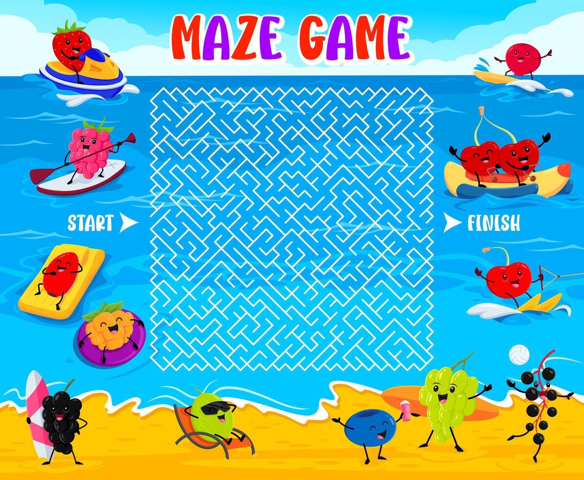 Labyrinth maze game with berry characters on beach vector