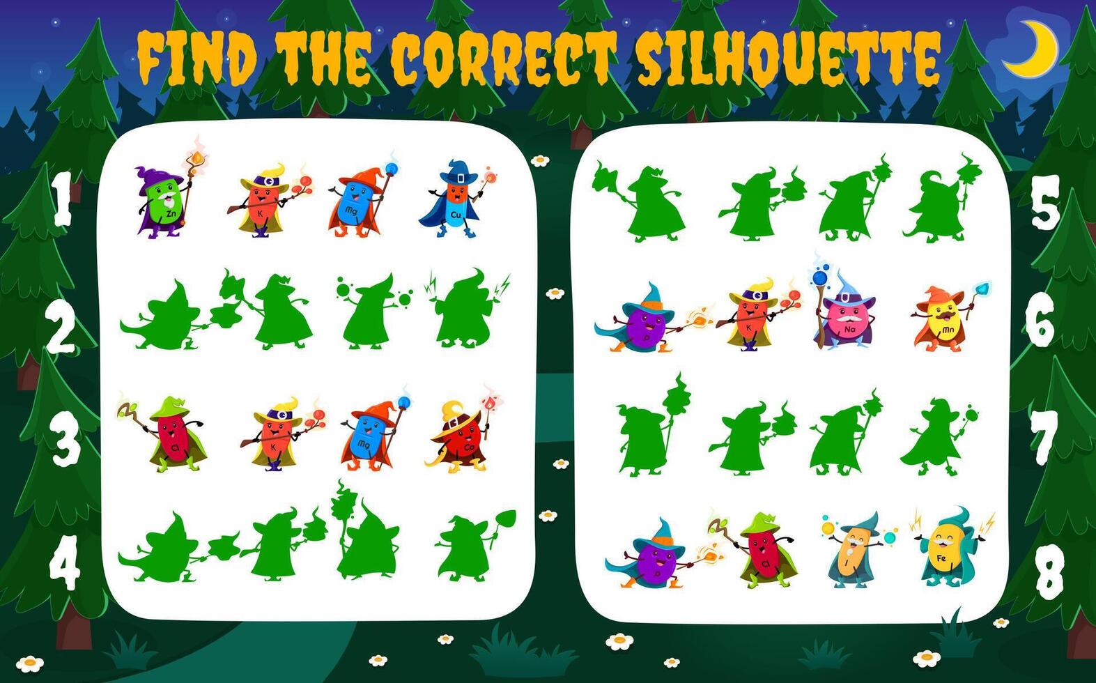 Find the correct shadow of cartoon mineral wizards vector