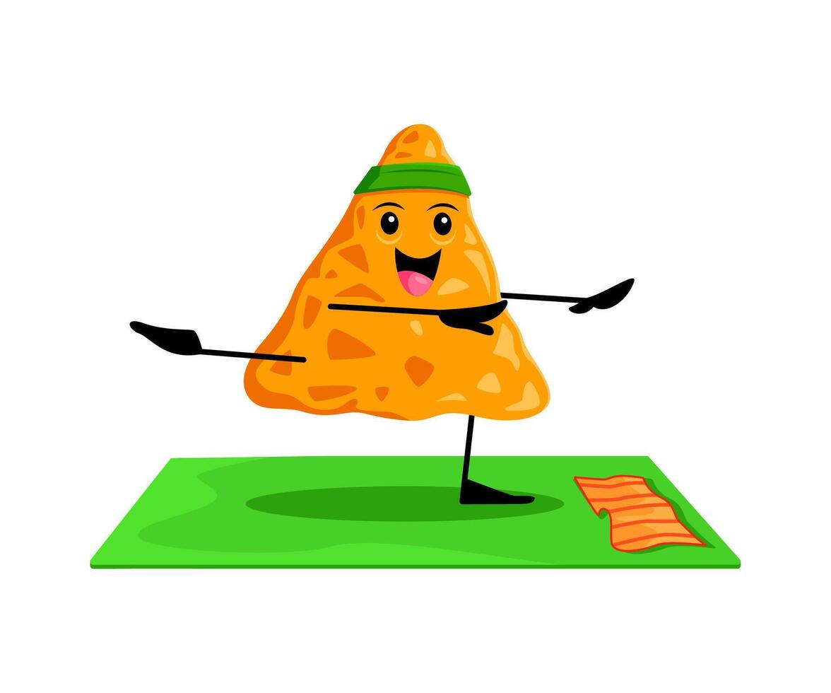 Cartoon fast food nacho chip character on fitness vector
