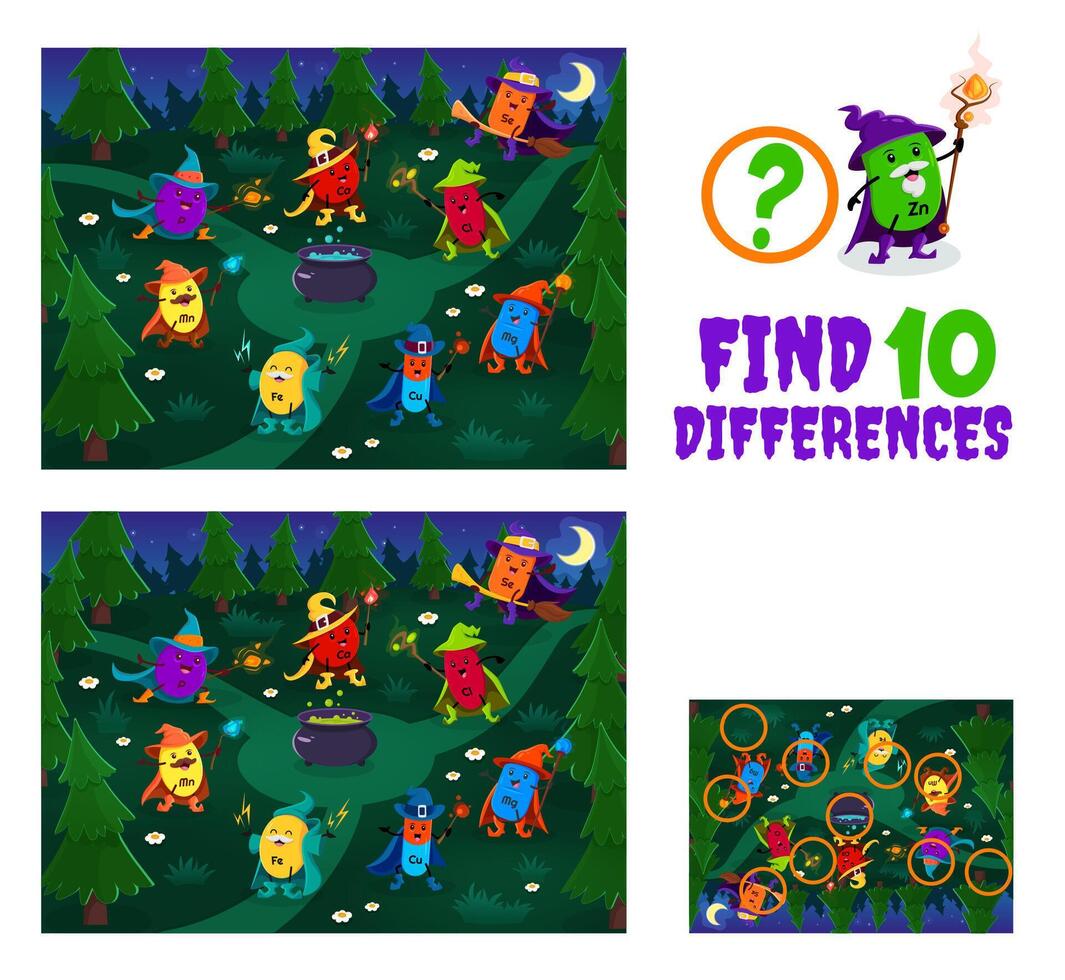 Find ten differences. Cartoon mineral wizards vector