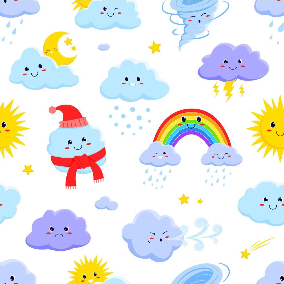Cartoon weather characters seamless pattern, tile vector