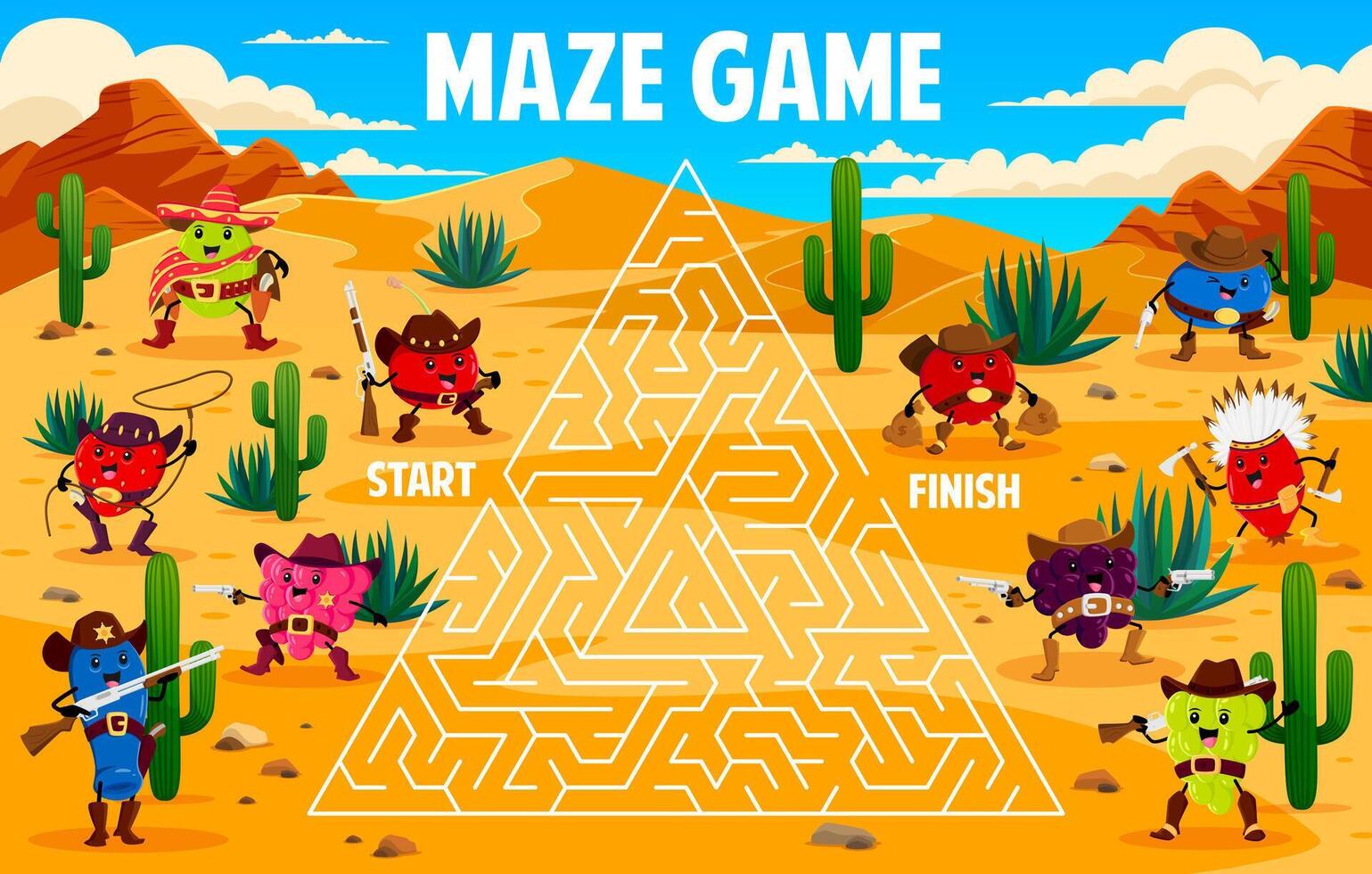 Western labyrinth maze, help cartoon berry sheriff vector