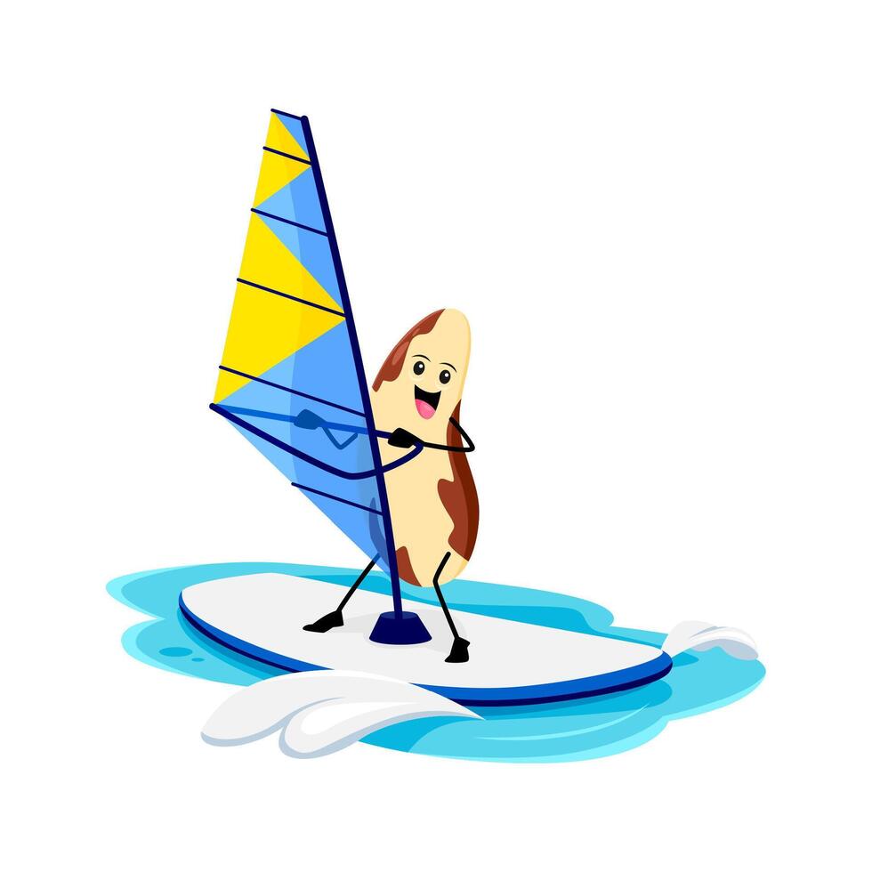 Cartoon cheerful brazil nut enjoying windsurfing vector