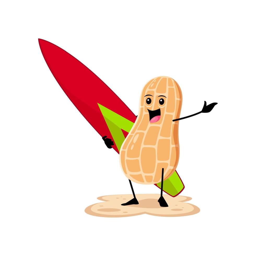 Cartoon cheerful peanut nut pod with surfing board vector