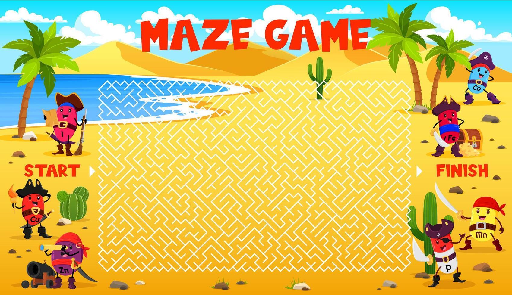 Labyrinth maze game, cartoon vitamins pirates vector
